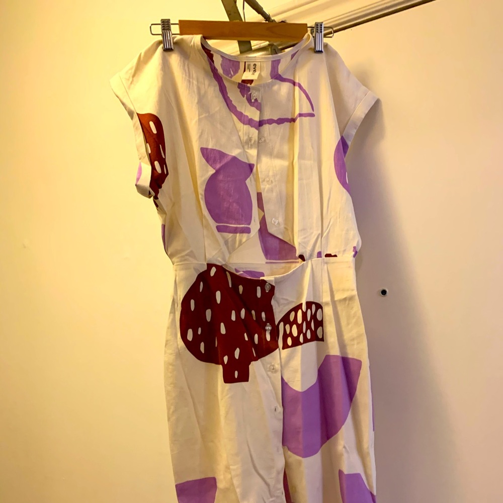 Eve Gravel Cream Midi Dress with Purple and Brown Abstract Print - Picture 2 of 2